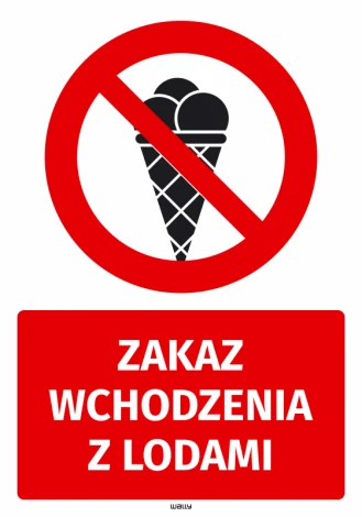 Safety sticker: No entry with ice cream - Graphic design. Red background with a crossed-out ice cream cone symbol.