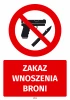 Safety sticker: No weapons allowed - Graphic design with red background, weapon symbol, and white text.