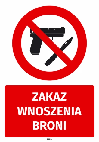 Safety sticker: No weapons allowed - Graphic design with red background, weapon symbol, and white text.
