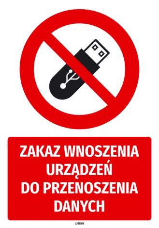 Safety sticker: No data storage devices allowed - Graphic design. Red circle with crossed-out image.