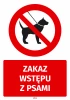 Safety sticker: No dogs allowed. Red background with black dog symbol and cross-out. Large text at the bottom.