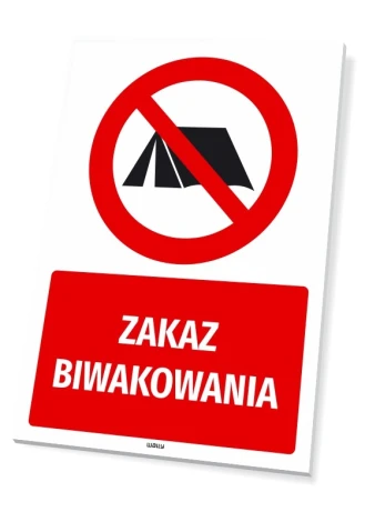 Safety sign: No Camping - Round sign with red border, featuring a tent and a prohibition symbol.