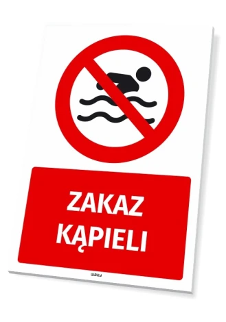 Safety sign: No Swimming - Graphic design with a red circle and a crossed-out swimmer, text below says NO SWIMMING.