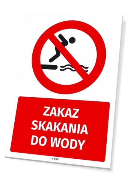 Safety sign: No diving - Graphic design. Round symbol of a person diving, crossed out in red.