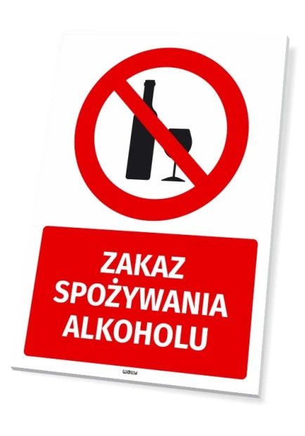Safety sign: No drinking alcohol - Graphic design. Red circle with a crossed-out bottle and glass on a white background.