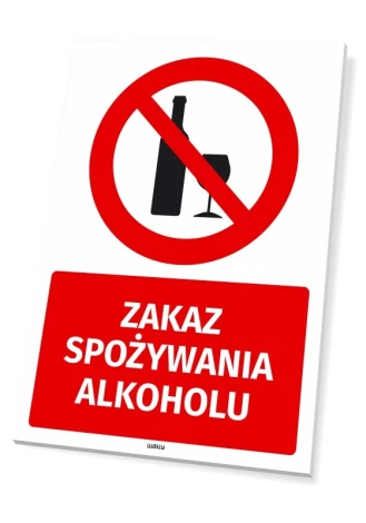 Safety sign: No drinking alcohol - Graphic design. Red circle with a crossed-out bottle and glass on a white background.