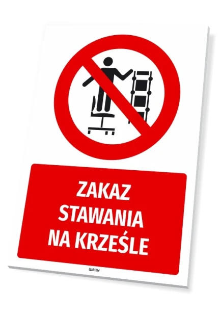 Safety sign: No standing on chairs - Graphic design. Red circle with a crossed-out figure standing on a chair.