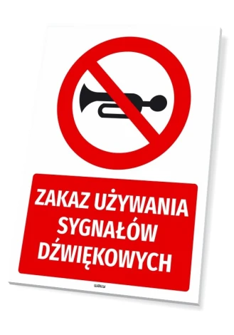 Safety sign: No horn signals - Graphic design. Red circle with crossed-out horn, below it in red.