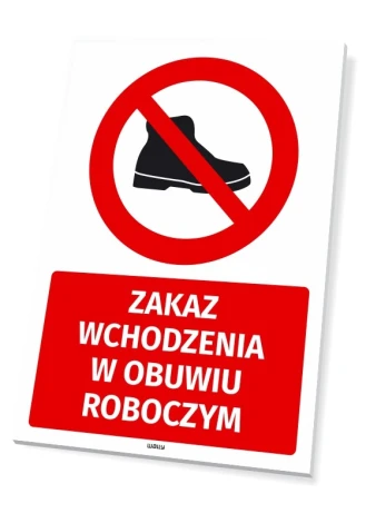 Safety sign: No entry with work shoes - Graphic design. Red circle with a crossed-out black boot on a white background.