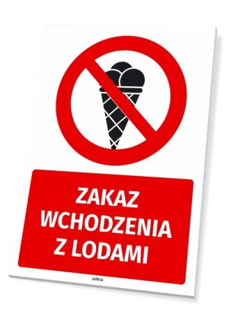 Safety sign: No entry with ice cream - Graphic design. Red circle with crossed-out ice cream on a black background.