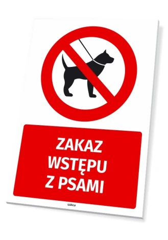 No Dogs Allowed Safety Sign - Graphic Design. Red circle with a crossed-out dog, below it a red rectangle.