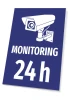 24h Monitoring Sign - Graphic design featuring a surveillance camera on a blue background with white text.