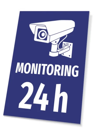 24h Monitoring Sign - Graphic design featuring a surveillance camera on a blue background with white text.