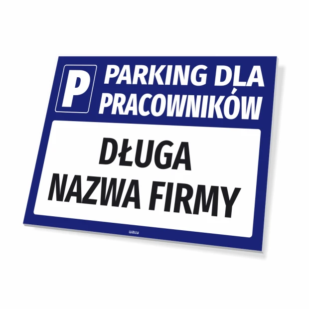 Parking sign for employees with name field - Graphic design. Blue background with white text and P symbol.
