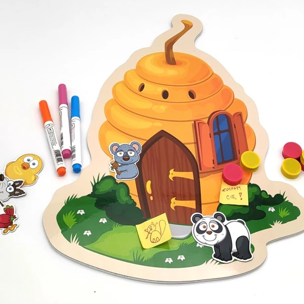 Magnetic dry-erase board shaped like a beehive with a graphic design of a bee house.