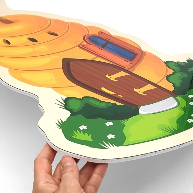 Magnetic dry-erase board shaped like a bee house with windows and a door - graphic design.