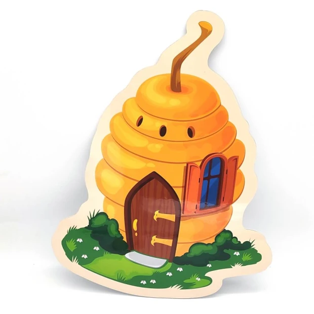 Magnetic dry-erase board shaped like a bee house with a window and door design.