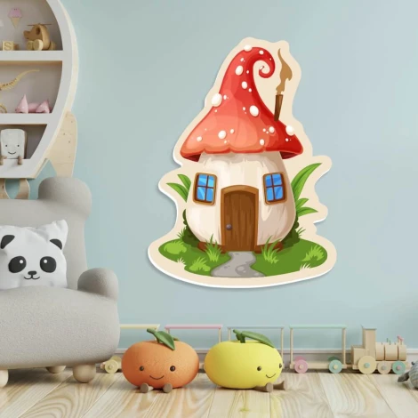 Magnetic dry-erase board shaped like a mushroom house - perfect for a child\'s room with light-colored walls.