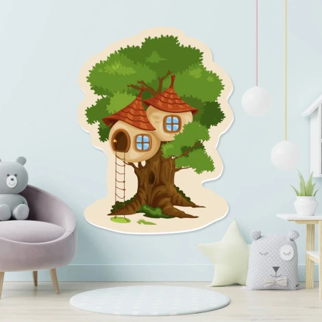 Magnetic dry-erase board shaped like a treehouse - perfect for a child\'s room with light-colored walls.