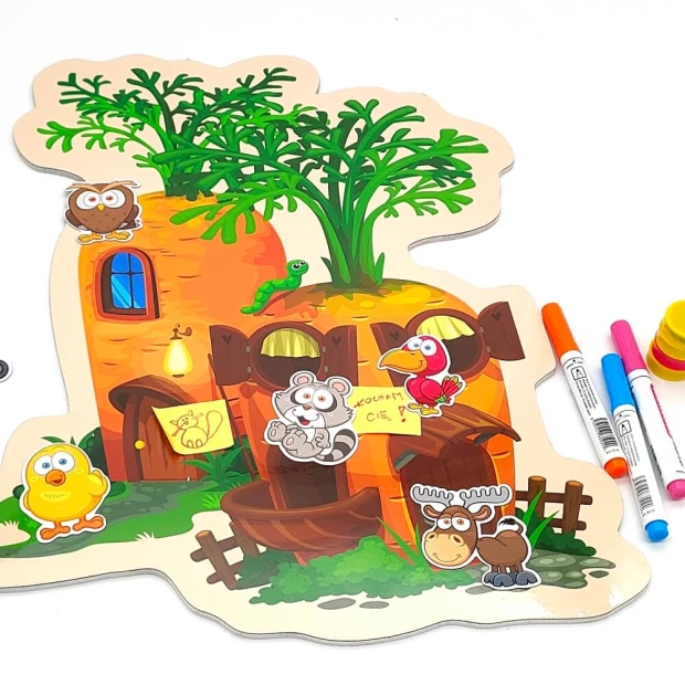 Magnetic dry-erase board shaped like a carrot house - features a unique graphic design.