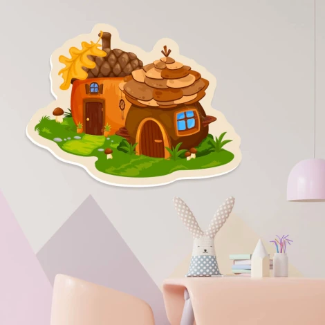 Magnetic dry-erase board in the shape of acorns and pine cones with house designs and roof shapes.