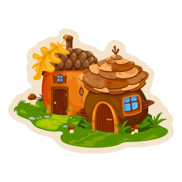 Magnetic dry-erase board shaped like acorns and pine cones, featuring two rounded houses in a graphic design.