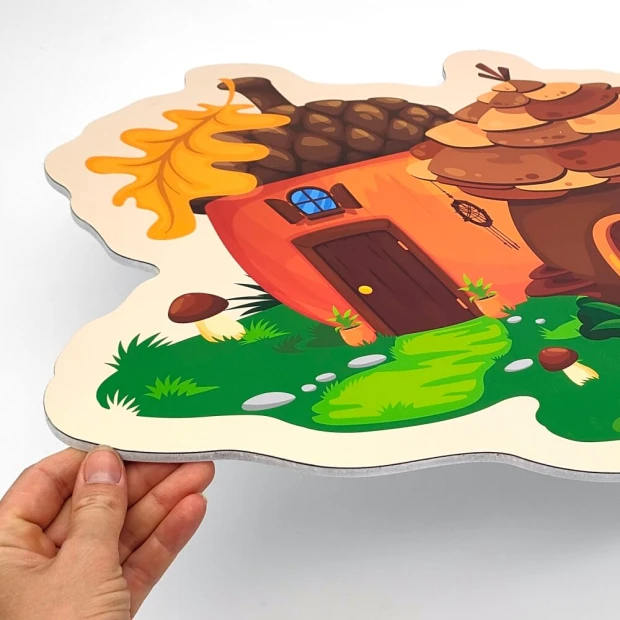 Magnetic dry-erase board shaped like an acorn house with a brown roof - Graphic design.
