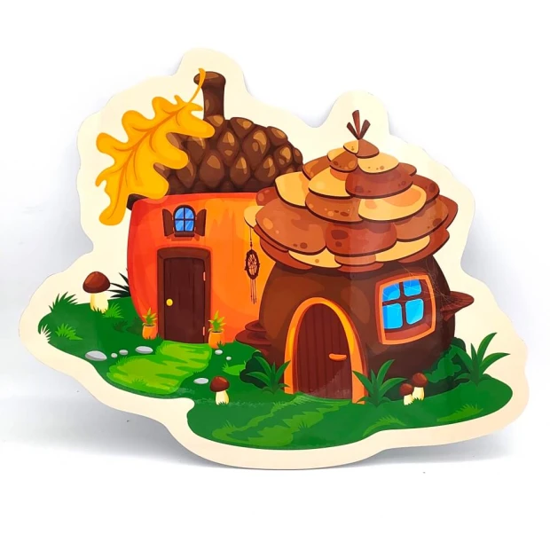 Magnetic dry-erase board shaped like acorns and pine cones with two houses featuring acorn elements.