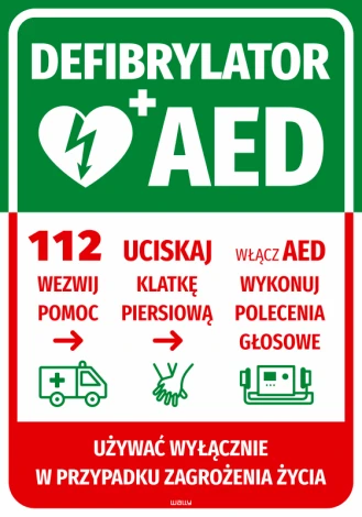 AED Defibrillator sticker with instructions - Graphic design. Green background with a white heart and AED symbols.