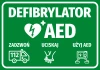 AED Defibrillator Sticker with Help Icons - Graphic Design. Green background with white text and assistance symbols.