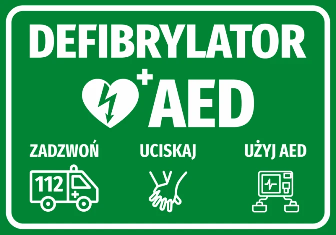 AED Defibrillator Sticker with Help Icons - Graphic Design. Green background with white text and assistance symbols.