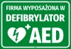 Sticker Company equipped with AED defibrillator - Graphic design. Green background with white text and heart symbol with lightning.