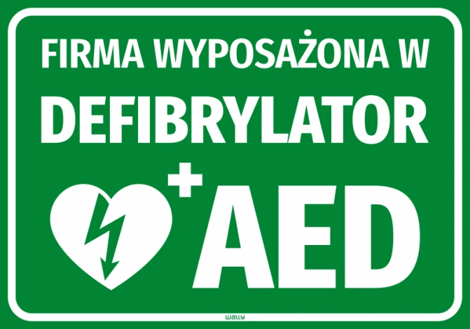 Sticker Company equipped with AED defibrillator - Graphic design. Green background with white text and heart symbol with lightning.