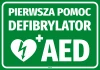 First Aid Sticker for AED - Graphic design with green background, white text, and heart symbol with lightning bolt.