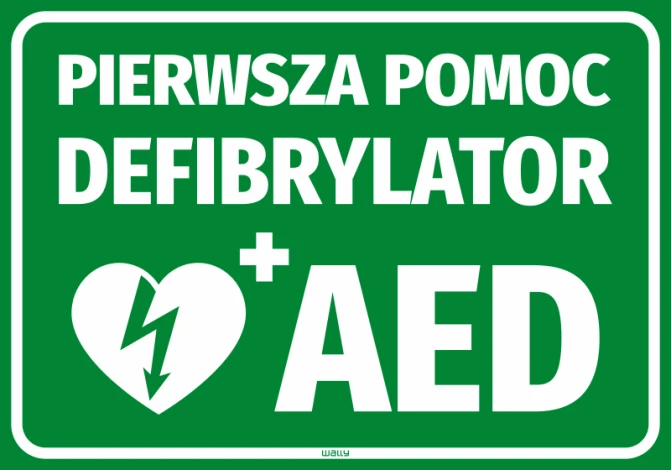 First Aid Sticker for AED - Graphic design with green background, white text, and heart symbol with lightning bolt.