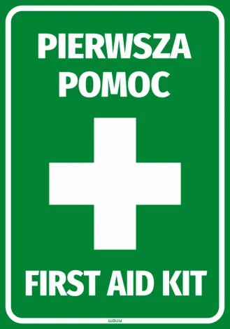 First aid kit sticker - Graphic design. Green background with a white cross and text.