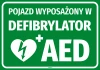 Vehicle sticker with AED defibrillator - Graphic design. Green background with white text and heart symbol with lightning bolt.