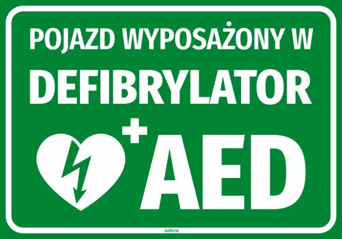 Vehicle sticker with AED defibrillator - Graphic design. Green background with white text and heart symbol with lightning bolt.