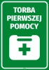 First Aid Bag Sticker - Graphic design. Green background with a white bag and cross symbol.