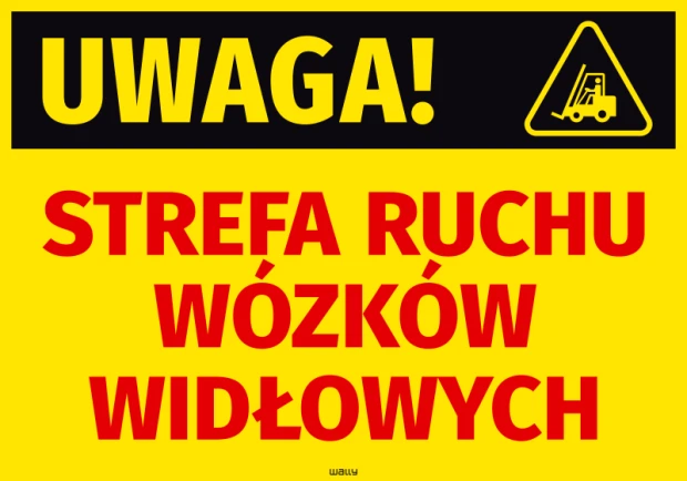 Caution! Forklift traffic area sticker - Graphic design. Yellow background with black text and forklift symbol.