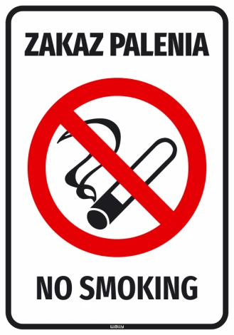 No Smoking Sticker - Graphic Design. Red circle with a crossed-out cigarette on a white background. Bold black letters.
