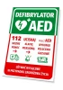 AED Defibrillator Sign with First Aid Instructions - Graphic Design. Green background, white and red text, heart symbols.