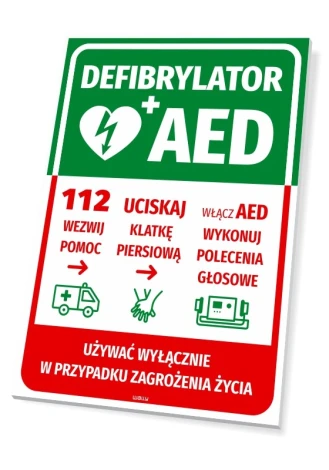 AED Defibrillator Sign with First Aid Instructions - Graphic Design. Green background, white and red text, heart symbols.