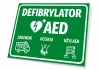 AED Defibrillator sign with help pictograms - Graphic design. Green background with white text and icons.
