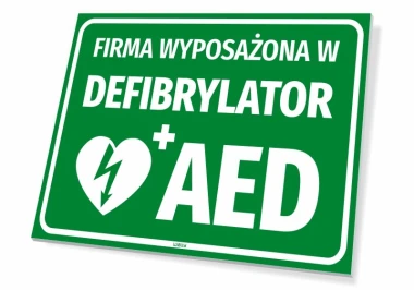 AED defibrillator sign - Graphic design. Green background with white text and a heart symbol with a lightning bolt.