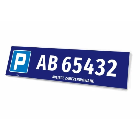 Parking sign with registration number, reserved space - Graphic design. Simple rectangular shape, blue.