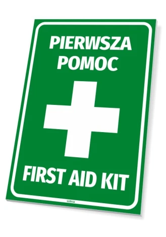 First Aid Kit Sign - Graphic design with a green background, white cross, and text.