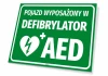Vehicle sign with AED defibrillator - Graphic design. Green background with white text and heart symbol.