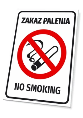 No Smoking Sign - Graphic design with a red circle and crossed-out cigarette on a white background. Black text.