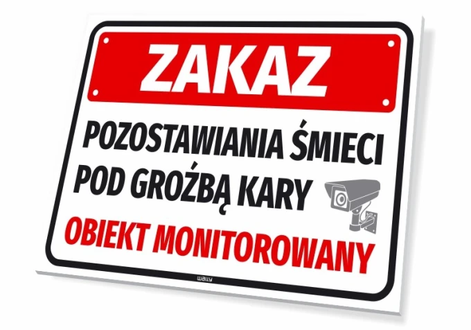 Wall sign: No littering under penalty. Monitored area - Graphic design. Red background, large size.